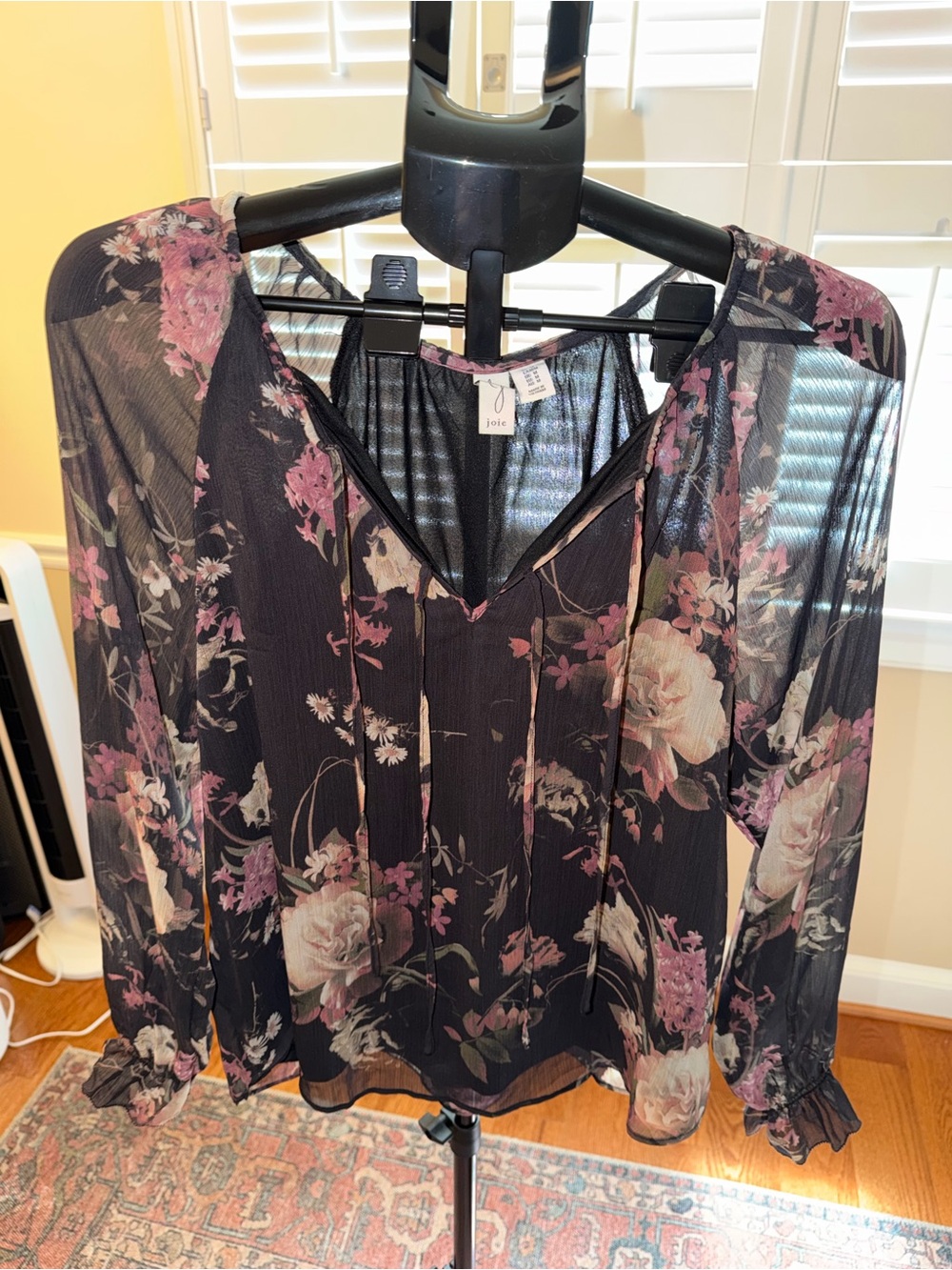 Joie Black Sheer Floral V-Neck Blouse with Pink and Cream Roses